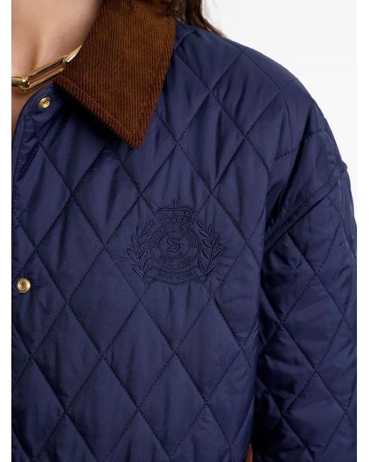 Sporty & Rich Blue Quilted Corduroy-Collar Puffer Jacket