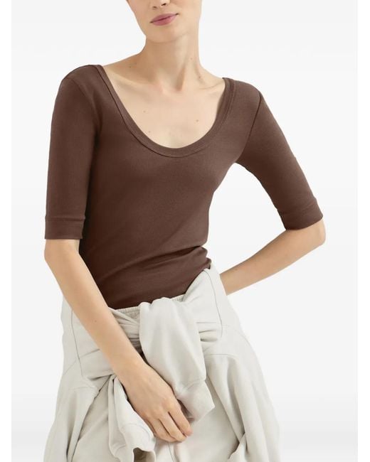 Brunello Cucinelli Brown Stretch Cotton Ribbed Jersey T-Shirt With Monili