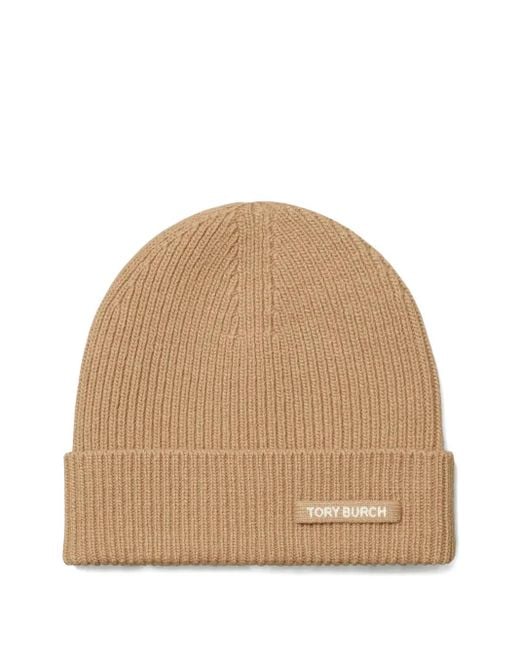 Tory Burch Natural Ribbed Knit Beanie Hat