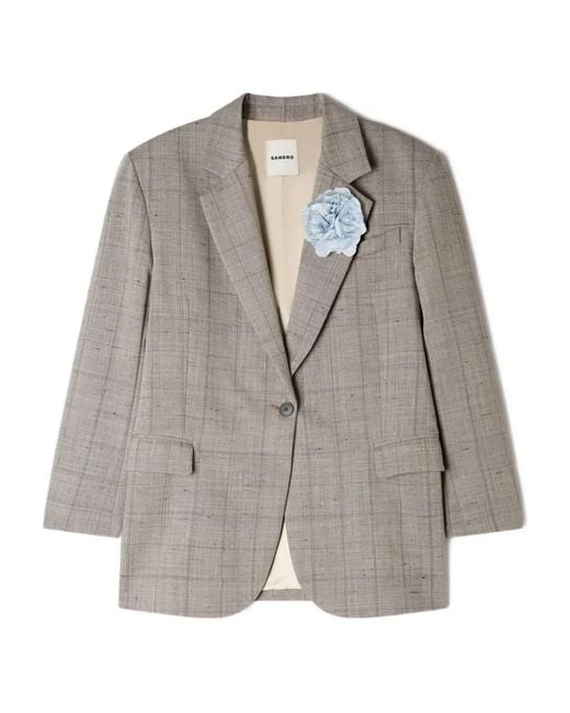 Sandro Gray Flower-Brooch Checked Blazer
