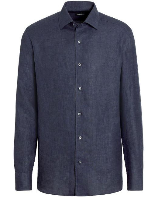 Zegna Blue Pure Linen Long-sleeve Shirt for men