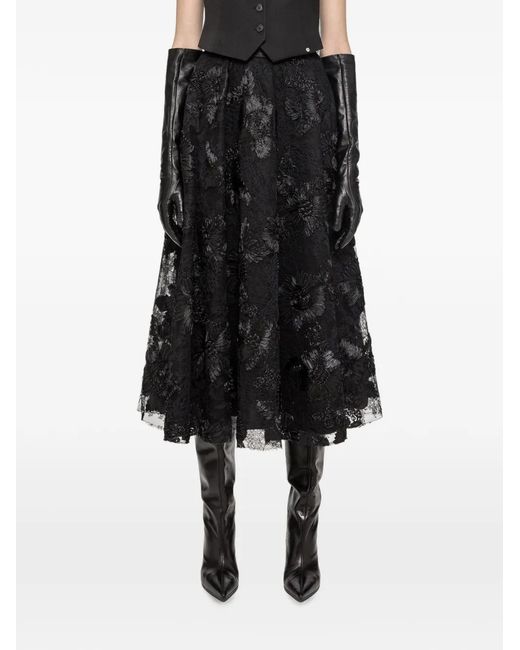 Nissa Black Floral-Embroidered A-Line Midi Skirt