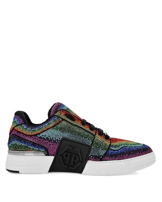 Philipp Plein Black Suede Lo-Top Sneakers Strass Hexagon