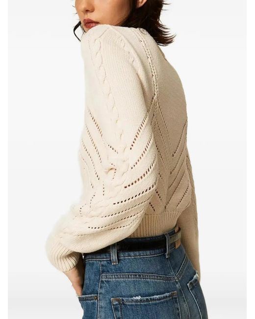 Twinset Natural Cropped Wool-Blend Jumper With Chevron Design
