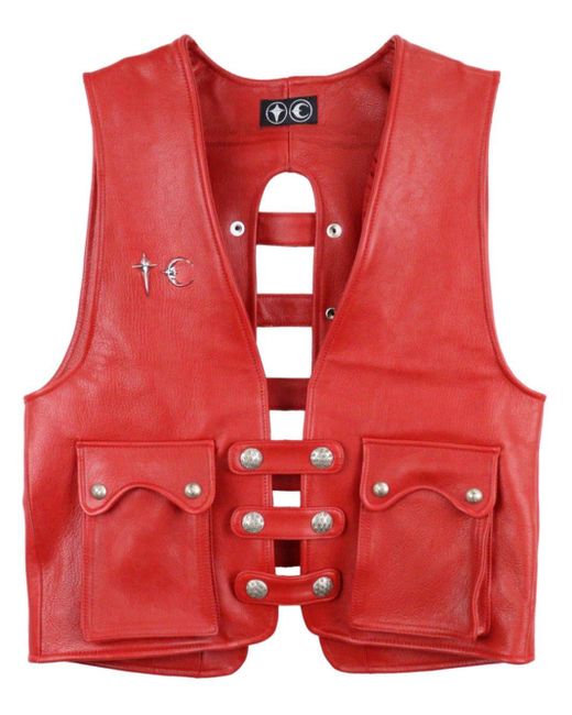 THUG CLUB Red Stud-embellished Leather Vest for men