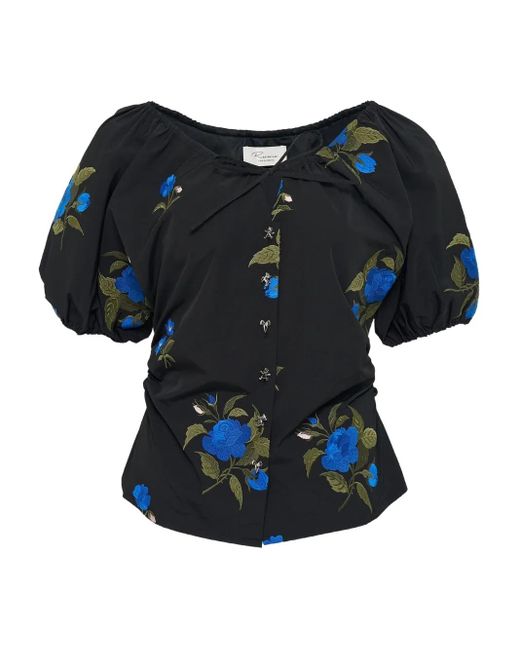 Caroline Hu Black Embroidered-Rose Puff-Sleeve Top