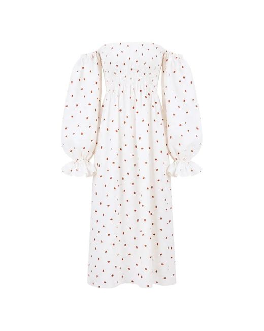 Sleeper White Atlanta Strawberry-Print Linen Midi Dress