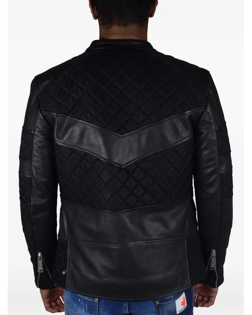 Philipp Plein Black Quilted Leather Biker Jacket for men
