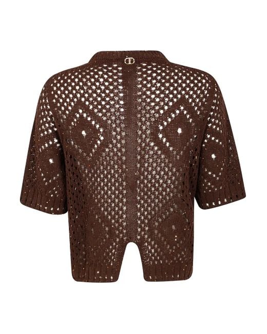 Twinset Brown Open-Knit Short-Sleeve Top