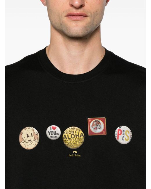 PS by Paul Smith Black Badges-print Organic-cotton T-shirt for men
