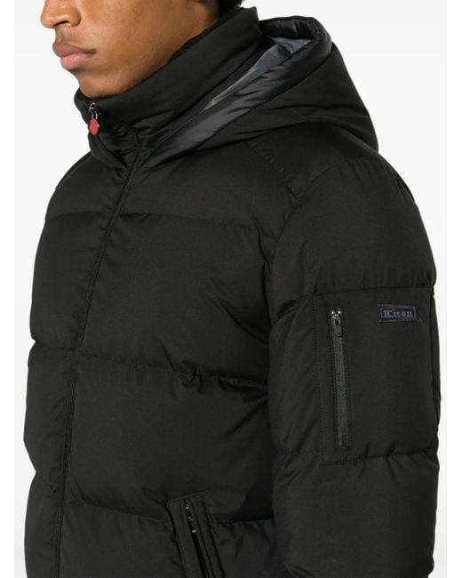 Kiton Black Logo-Patch Quilted Hooded Jacket for men