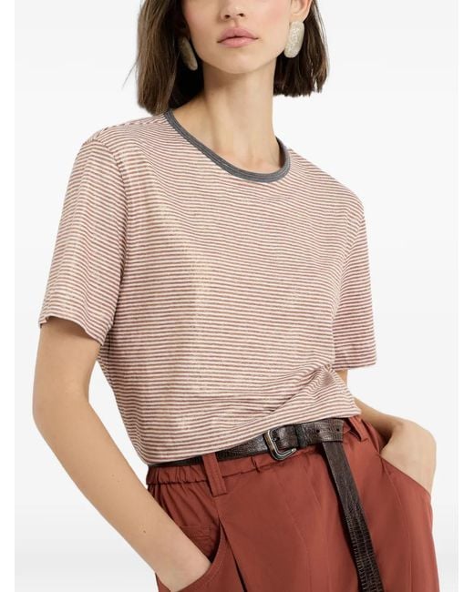 Brunello Cucinelli Natural Striped Linen T-Shirt