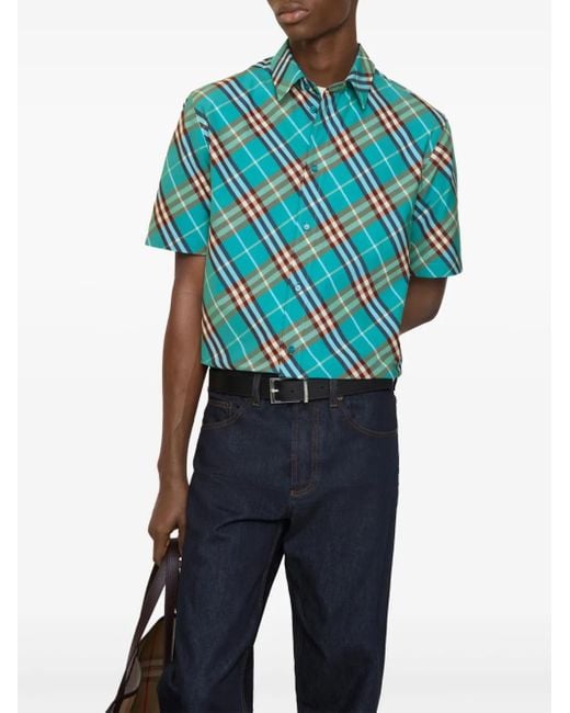 Burberry Blue Check Short-Sleeve Shirt for men