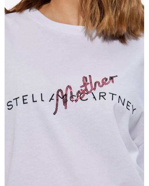 Stella McCartney White Crew Neck T-Shirt With Logo Print And Sequin Detail