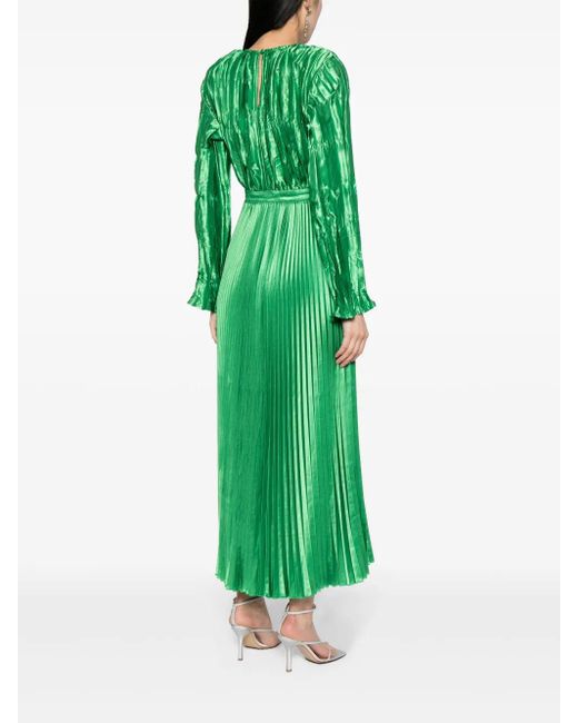 L'idée Green Long-sleeve Plissé Maxi Dress