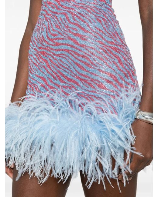 Oseree Purple Animal-Print Feather-Trim Mini Dress