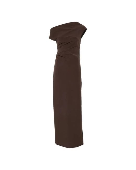 P.A.R.O.S.H. Brown One-Shoulder Draped Maxi Dress