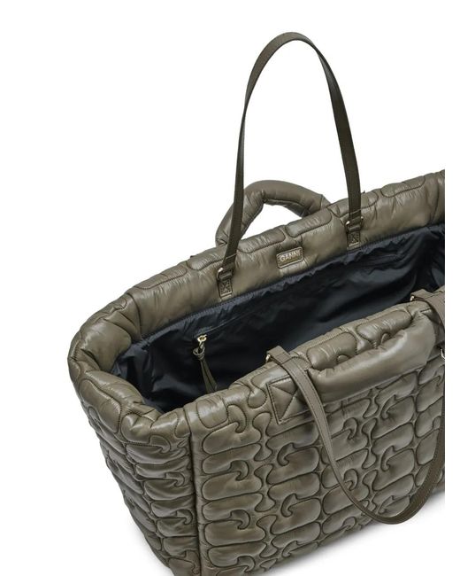 Ganni Gray Xxl Re-Tech Logo-Quilted Tote Bag