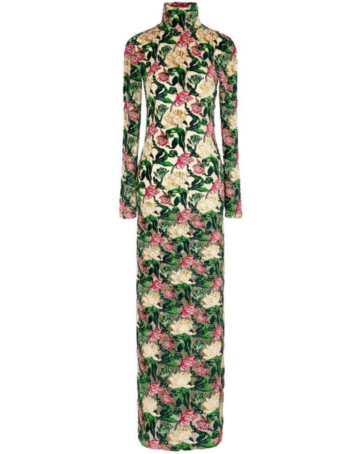 Rabanne Green Floral-print High-neck Dress