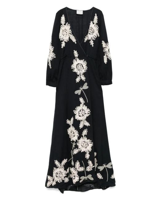 Forte_forte Black Wrap-Style Maxi Dress With Floral Embroidery