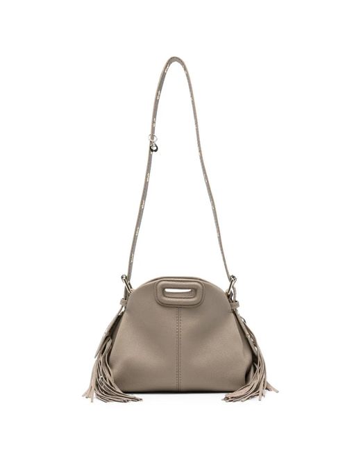 Maje Natural Mini Miss M Fringed Grained-Leather Shoulder Bag