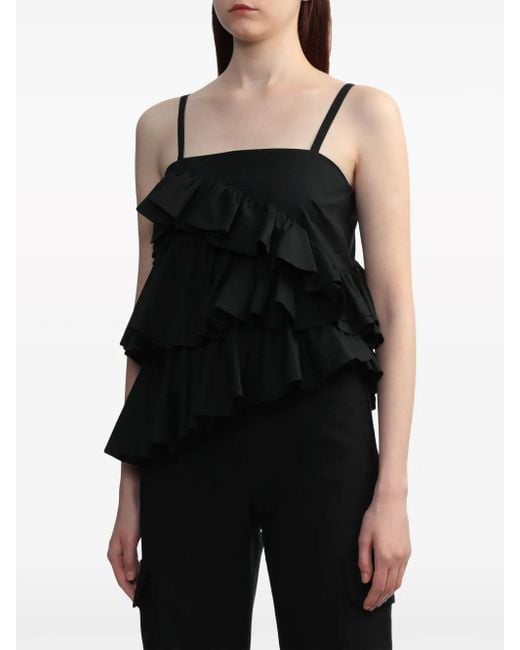 MSGM Black Asymmetric Ruffle Top