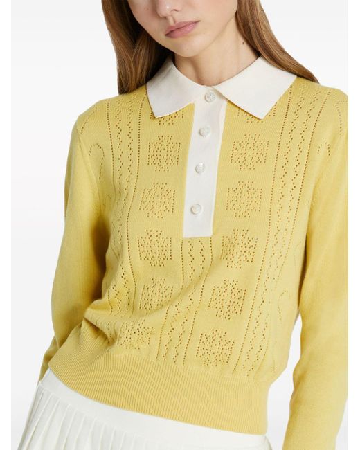 Tory Burch Yellow Contrasting-trim Pointelle-knit Top