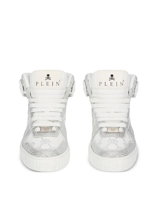 Philipp Plein White High Top Sneakers Carson Monogram Strass