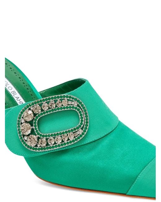 Manolo Blahnik Green Tula Crystal-Embellished Pointed-Toe Mules