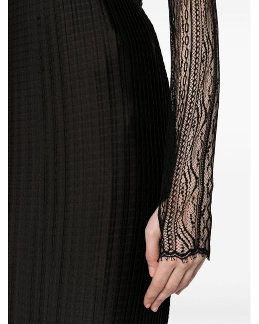 Saiid Kobeisy Black Lace-sleeved Plissé Midi Dress
