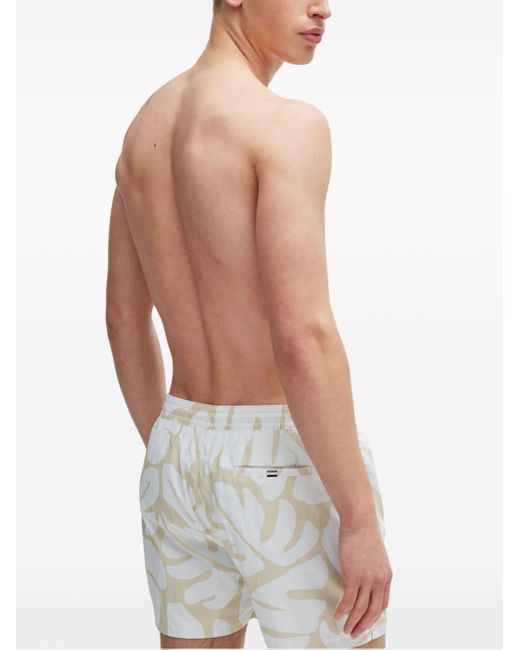 Boss White Leaf-print Swim Shorts for men