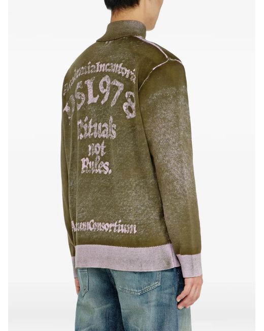 DIESEL Green Pull À Col Zippé Et Motif De Griffon for men
