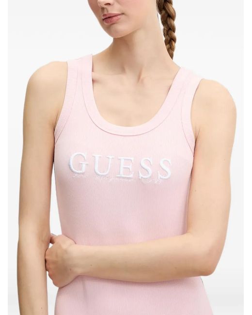 Guess Pink Sunflower Ribbed Logo-Embroidered Mini Dress