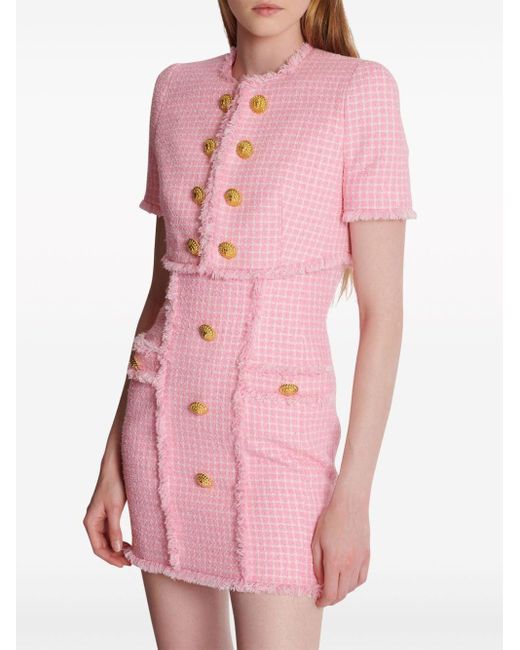 Veste crop en tweed à carreaux vichy Balmain en coloris Pink