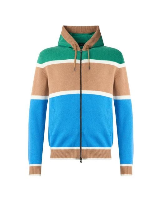 Herno Blue Zip-Up Striped Knitted Hoodie for men