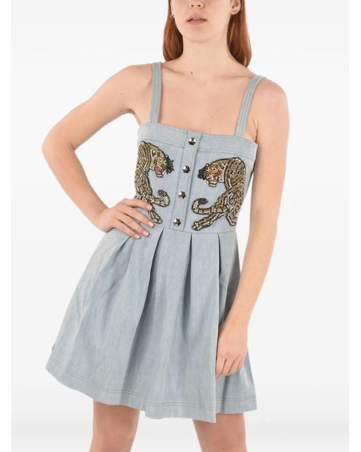 Philipp Plein Blue Embellished Pleated Denim Mini Dress