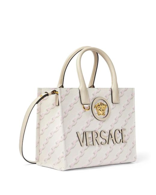 Versace White Kleine Chain Stripes La Medusa Tote Bag