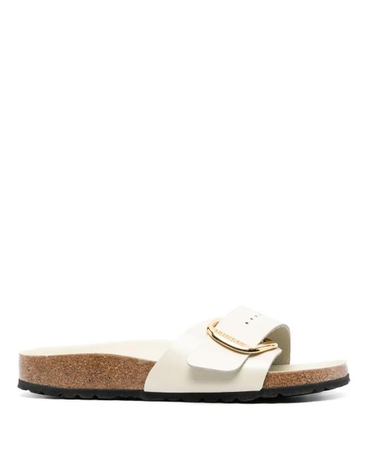 Birkenstock White Arizona Big Buckle Leather Slides