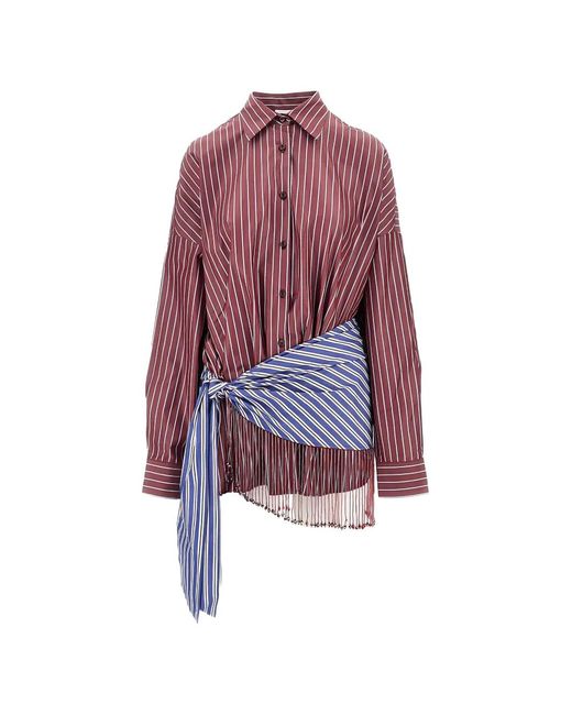 ANDAMANE Red Jolene Beaded-Fringe Striped Shirt Mini Dress
