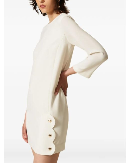 Twinset White Short Crêpe Dress With Heart-Shaped Buttons