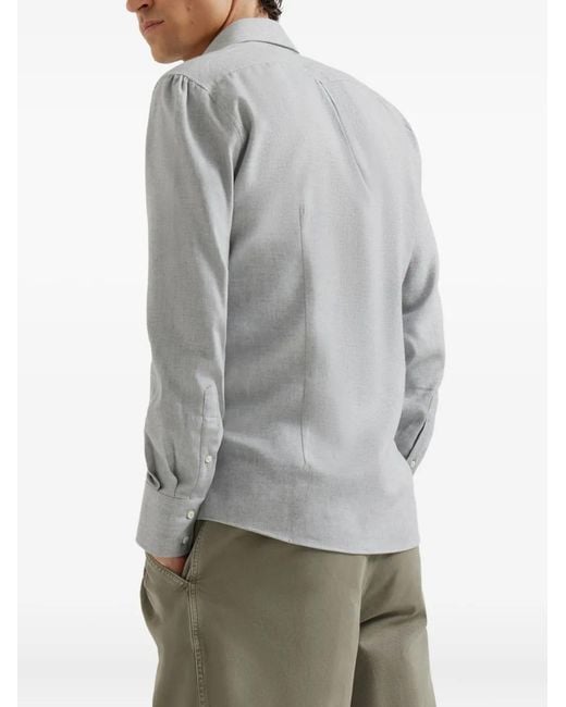 Brunello Cucinelli White Cotton-Blend Chevron Flannel Shirt for men