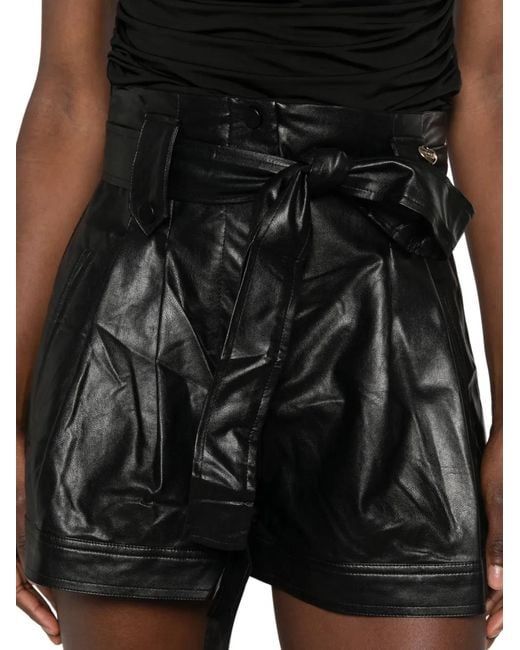 Twinset Black Faux-Leather Belted Pleated Shorts