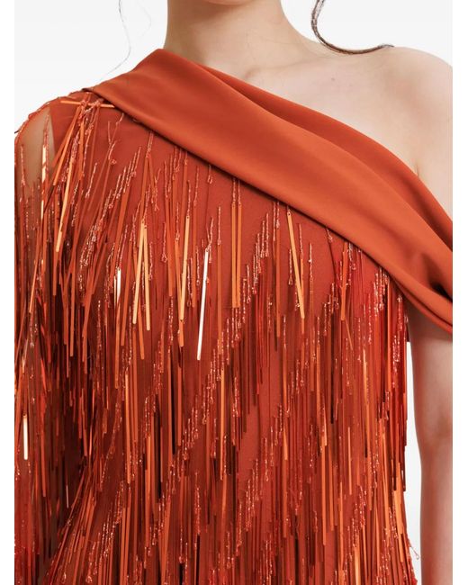 Gemy Maalouf Red One-Shoulder Fringed Dress