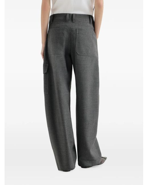 Brunello Cucinelli Gray Virgin Wool Twill Cargo Barrel Trousers With Monili