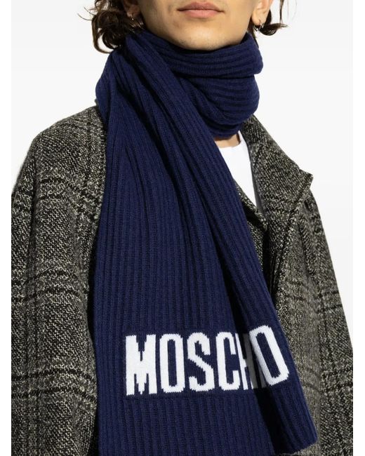 Moschino Blue Ribbed Logo Scarf