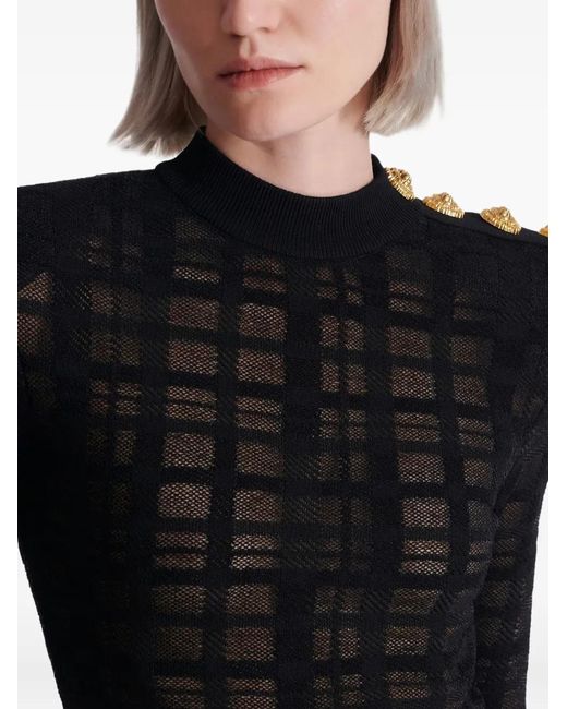 Balmain Black Button Plaid-Pattern Bodysuit