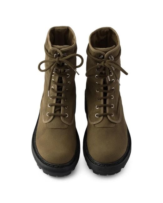 Prada Brown Canvas Lace-Up Ankle Boots