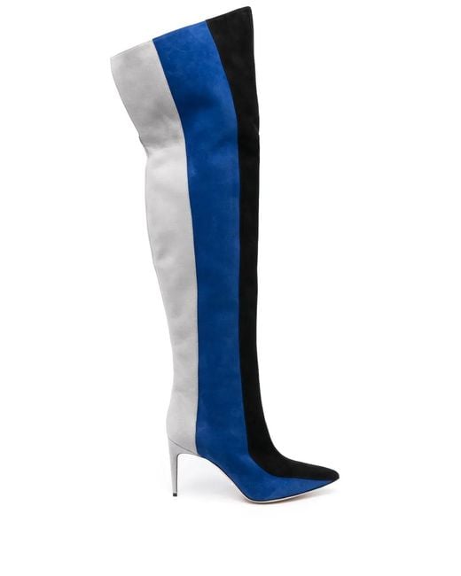 Manolo Blahnik Blue Striped Suede Thigh-High Pointed Boots