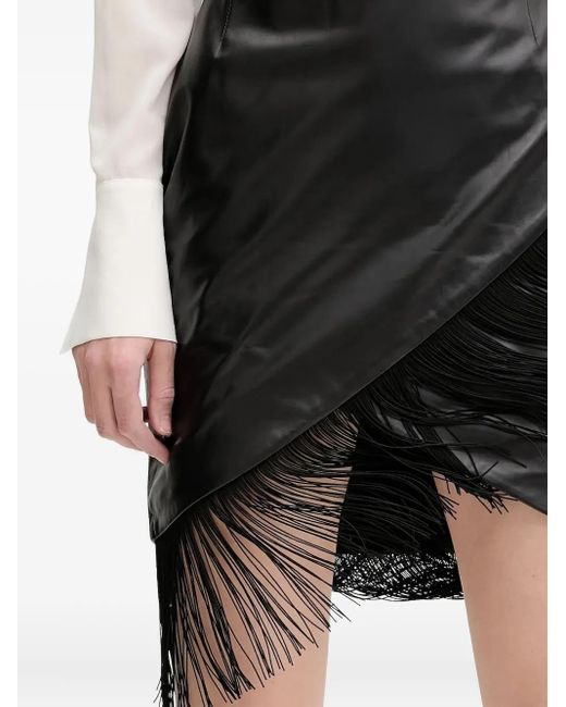 IRO Black Leather Fringe Asymmetric Midi Skirt