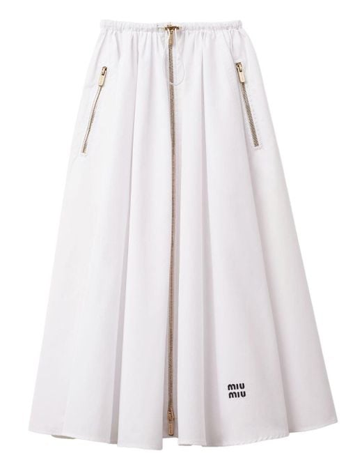 Miu Miu White Logo-embroidered Pleated Cotton Skirt